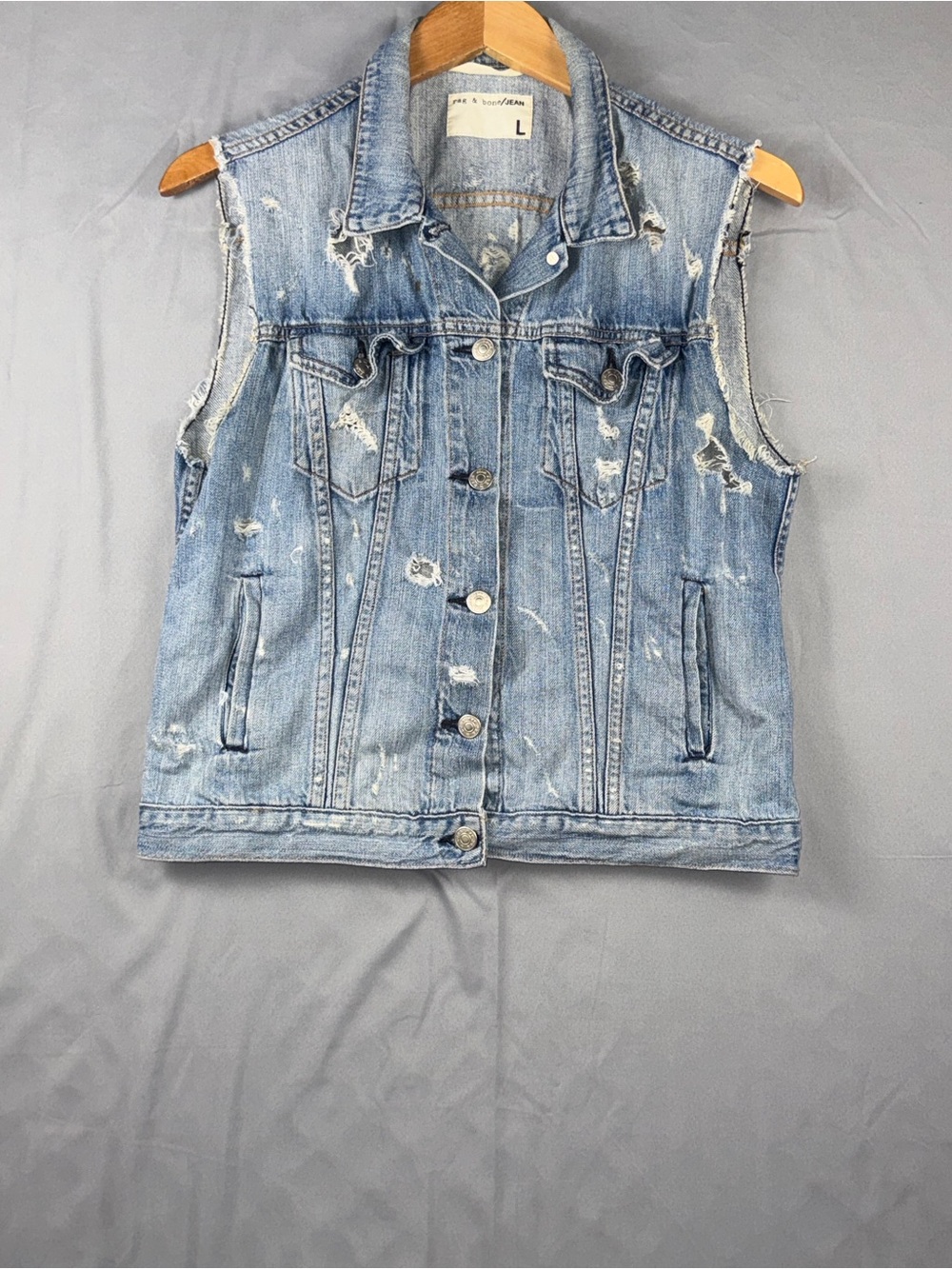 Rag & Bone JEAN Vest Womens Large Blue Distressed Denim Trucker Sleeveless Hobo